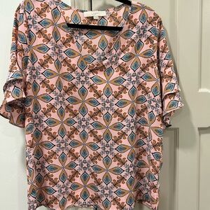 LOFT Geometric Floral Blouse in Pink and Orange